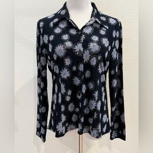 Y2K Sheer Floral Button Front Top Medium Long Sleeve Retro Mesh Blouse Vintage